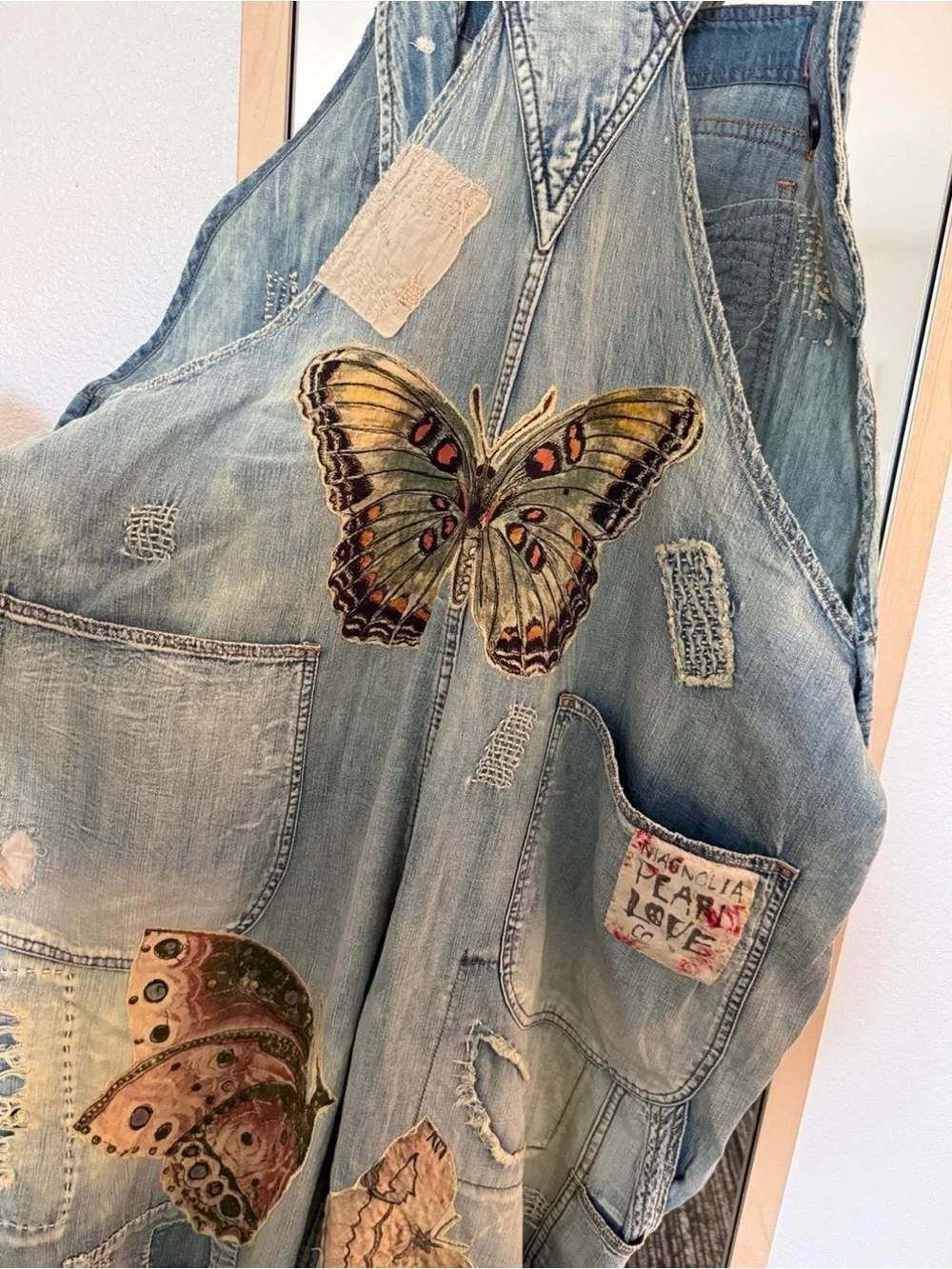Magnolia Pearl Cotton Denim Appliqué Butterfly Overalls - Picture 6 of 14